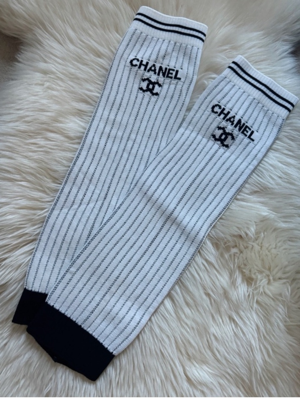 🤍 Double C Designer White Black Winter Leg Warmers